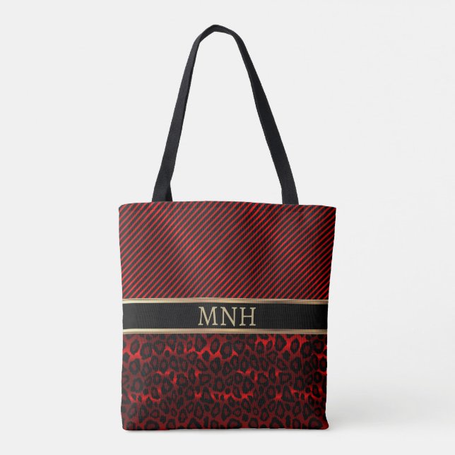 Monogram Red Leopard Animal Print Tote Bag (Back)