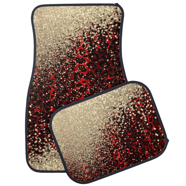 Monogram Red Leopard  & Gold Glitter Car Floor Mat (Set)
