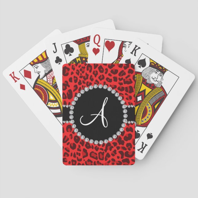 Monogram red leopard print circle poker cards (Back)
