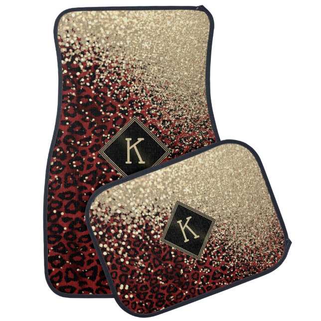 Monogram Red Leopard with Gold Glitter Car Floor Mat (Set)