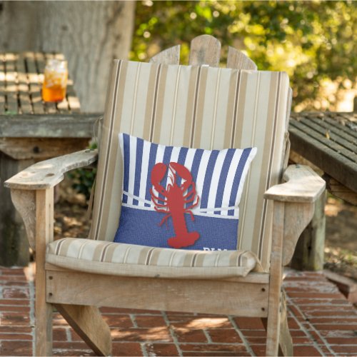 Monogram _ Red Lobster on Blue and White Stripes T Outdoor Pillow