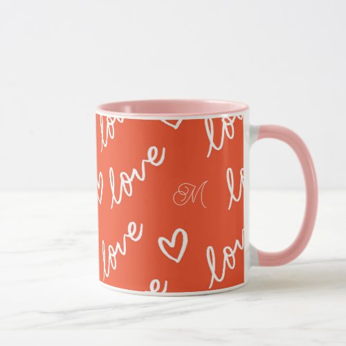 Monogram Red Love Heart Pattern Mug