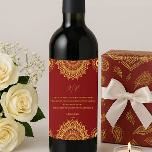 Monogram Red Mandala Indian Wedding Favor Wine Label