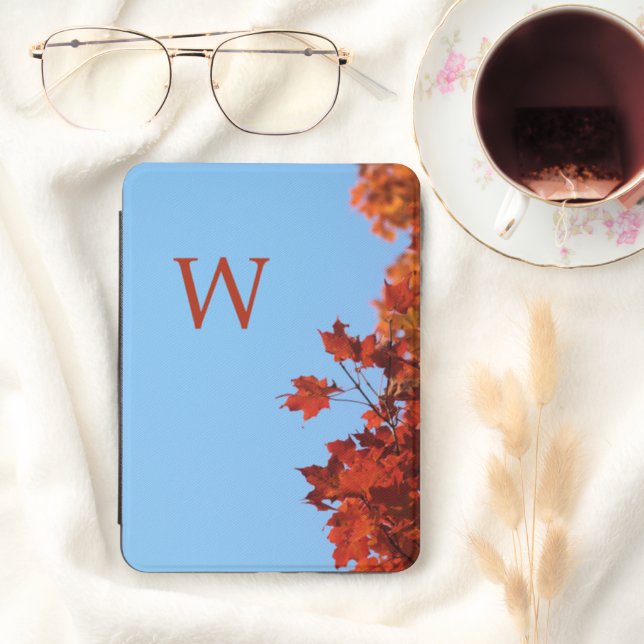 Monogram, Red Maple Leaves Blue Background Kindle Cover (In Use (Hygge))