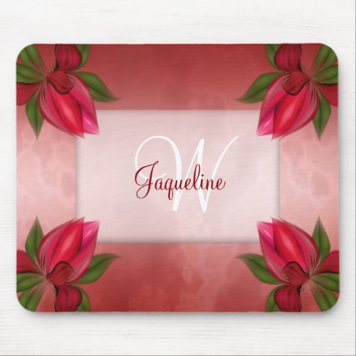 Monogram Red Marble Floral Mouse Pad