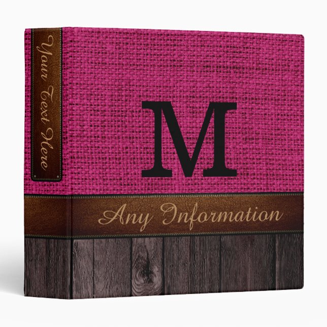 Monogram Red Maroon Burlap Rustic Jute Look Wood Binder (Front/Spine)