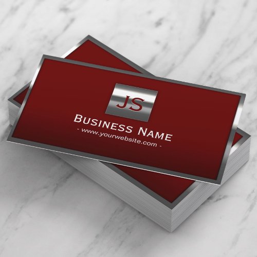 Monogram Red Modern Metal Frame Professional Business Card