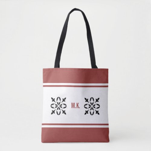 Monogram Red Ochre tan with black on white damask Tote Bag