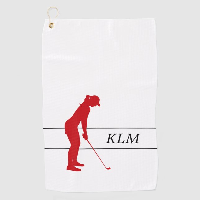 Monogram Red on White Woman Silhouette Golfer Golf Towel (Front)