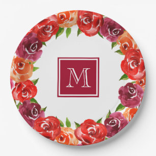 Monogram Red Orange Claret Floral Paper Plates