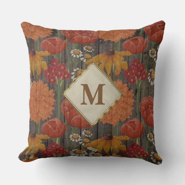 Monogram Red Orange Flowers and Daisies Brown Wood Throw Pillow (Front)