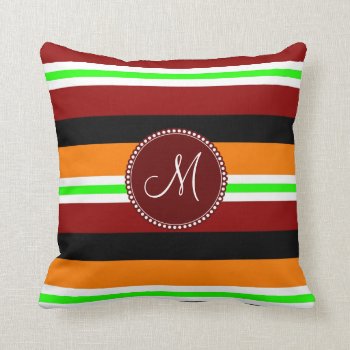 Monogram Red Orange Green Black Striped Pattern Throw Pillow by PrettyPatternsGifts at Zazzle