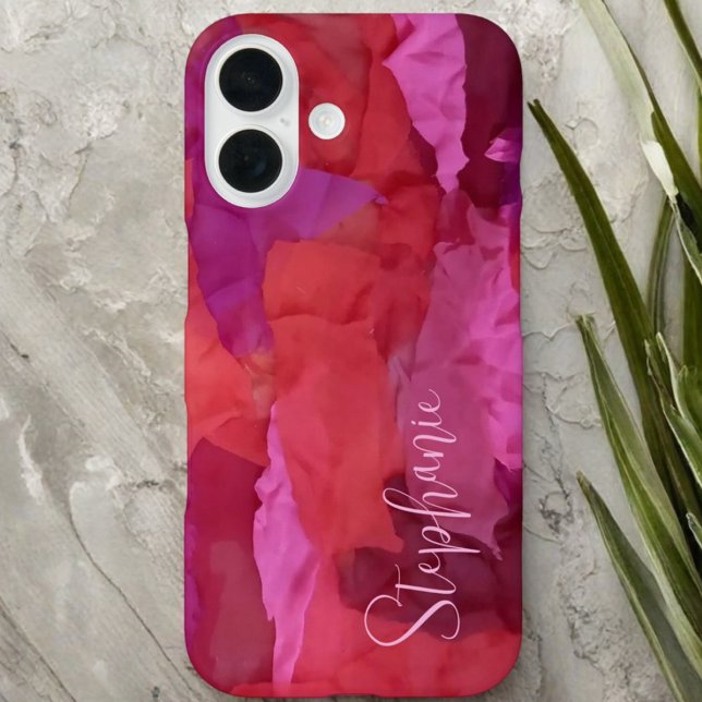 Monogram red pink abstract pattern name simple iphone case (Creator Uploaded)