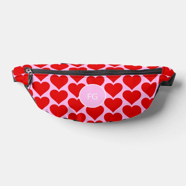 Monogram red pink heart pattern feminine fanny pack (Lay Down)