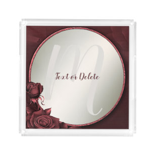 Monogram Red Pink Roses Flowers Frame Rustic Acrylic Tray