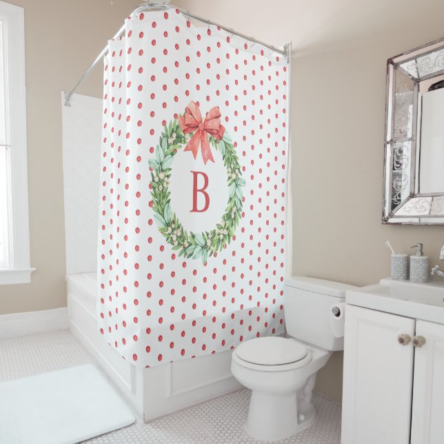 Monogram Red Polka Dot Christmas Wreath Shower Cur Curtain (In Situ)