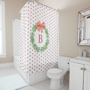 Monogram Red Polka Dot Christmas Wreath Shower Cur Shower Curtain