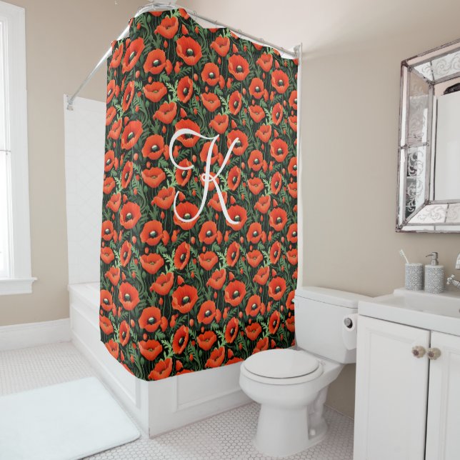 Monogram Red Poppy Poppies Flowers Floral Greenery Shower Curtain (In Situ)