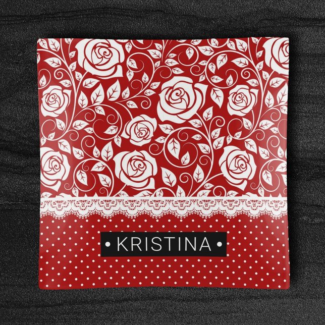Monogram Red Pretty Girly Floral Pattern Trinket Tray (Creator Uploaded)