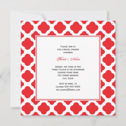 Monogram Red Quatrefoil Pattern Bridal Shower Personalized Invite