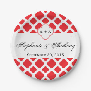 Monogram Red Quatrefoil Pattern Wedding Paper Plates