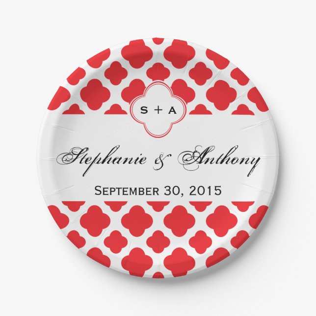 Monogram Red Quatrefoil Pattern Wedding Paper Plates (Front)
