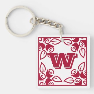 Monogram Red Roses Motif Square Keychain 