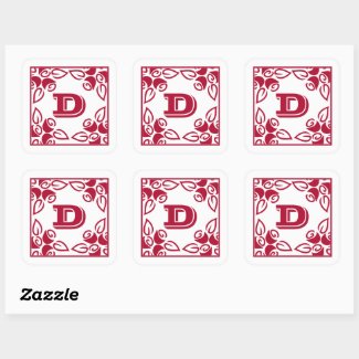 Monogram Red Roses Motif Square Sticker