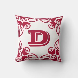 Monogram Red Roses Motif White Square Throw Pillow