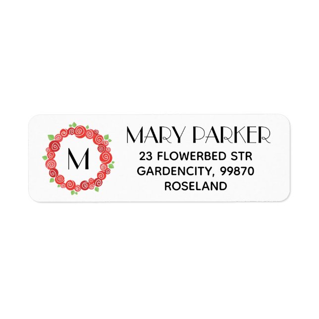 Monogram red roses wreath, spring floral nature label (Front)