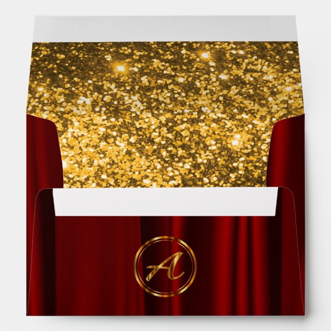 Monogram - Red Satin & Lined Faux Gold Glitter Envelope (Back (Bottom))