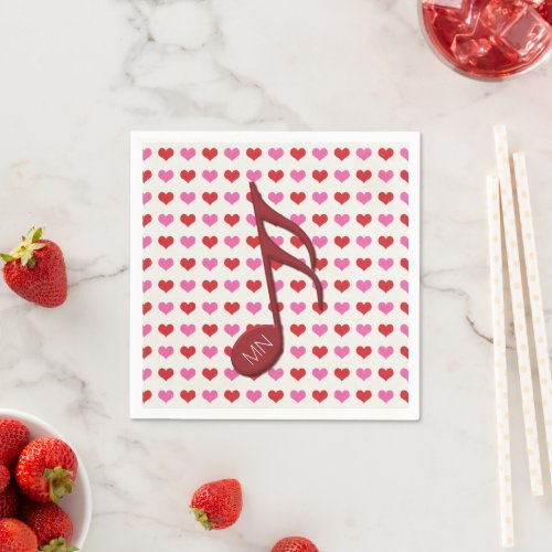 Monogram Red Semi Quaver Love Hearts Music Paper Napkins