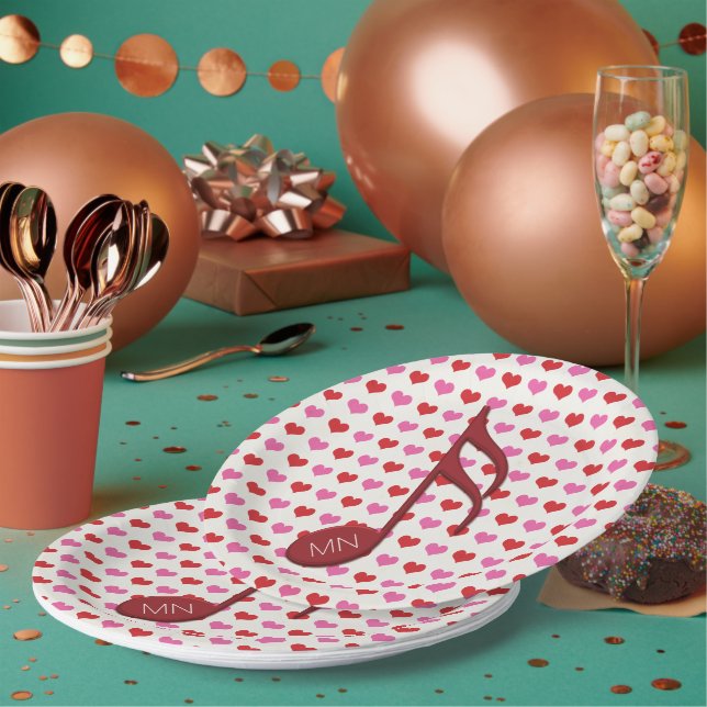 Monogram Red Semi Quaver Love Hearts Music Paper Plates (Multi)
