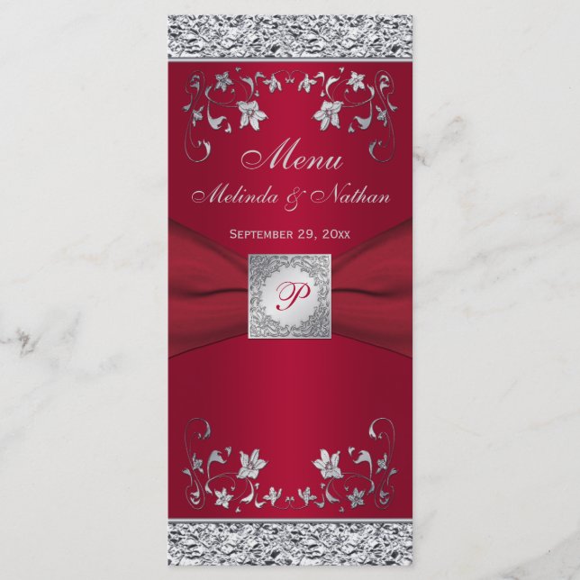 Monogram Red, Silver Foil-LOOK Floral Menu Card (Front)
