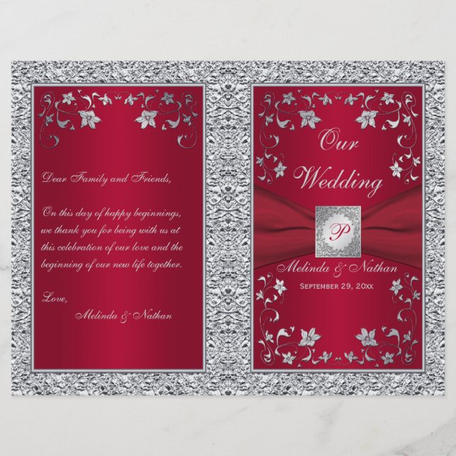 Monogram Red, Silver Foil-LOOK Wedding Program (Front)