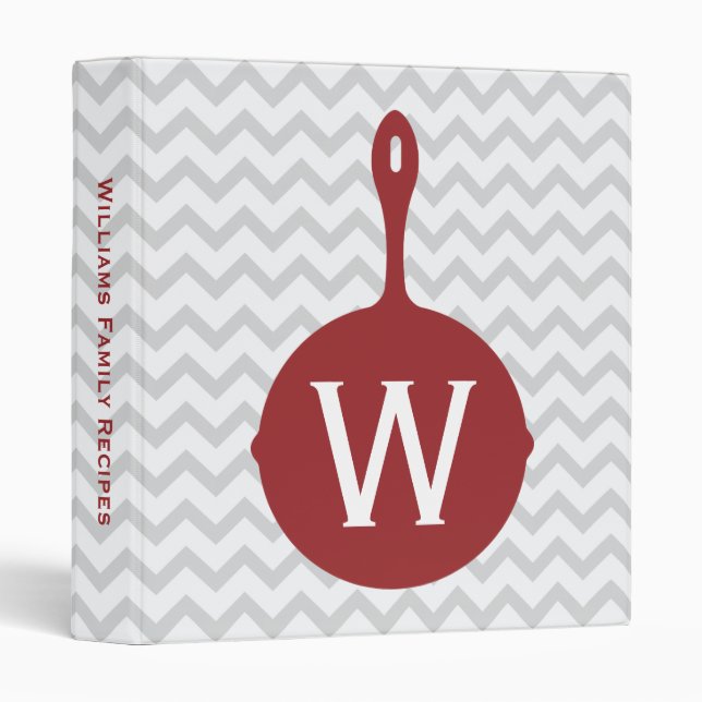 Monogram Red Skillet + Gray Chevron Recipe Binder (Front/Spine)