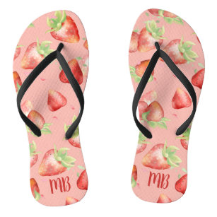 Monogram Red Strawberry Summer Fun Modern Girly Flip Flops