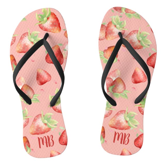 Monogram Red Strawberry Summer Fun Modern Girly Flip Flops (Footbed)