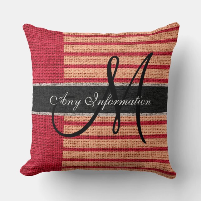 Monogram Red Stripes Burlap Rustic Jute Throw Pillow (Front)