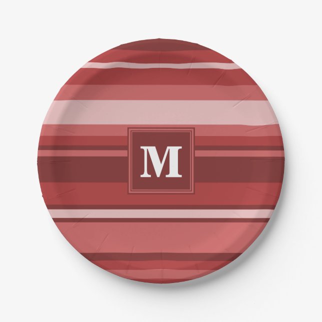 Monogram red stripes paper plates (Front)