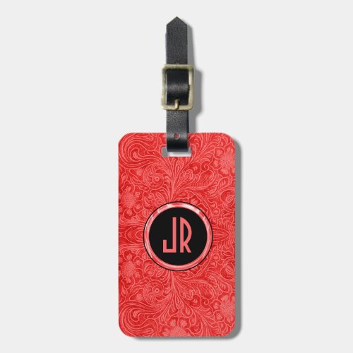 Monogram Red Suede Leather Floral Design Luggage Tag