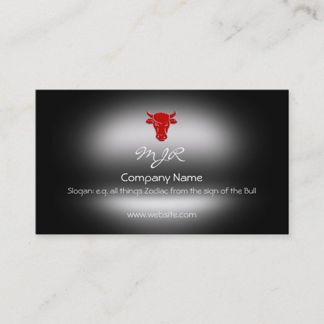 Monogram, Red Taurus Bull Head, metallic-effect Business Card (Front)