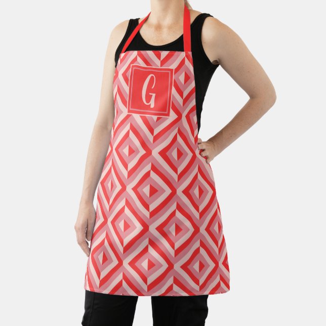 Monogram Red Three-Tone Diamond Pattern Apron (Insitu)