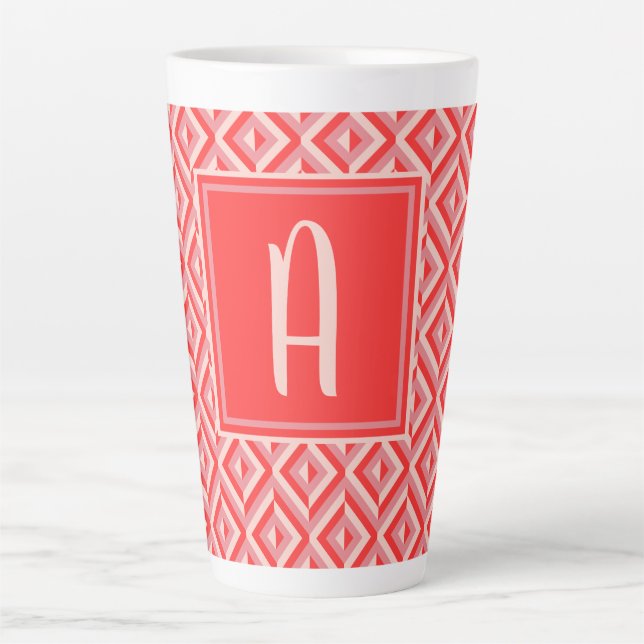 Monogram Red Three-Tone Diamond Pattern Latte Mug (Front)