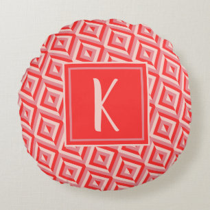 Monogram Red Three-Tone Diamond Pattern Round Pillow