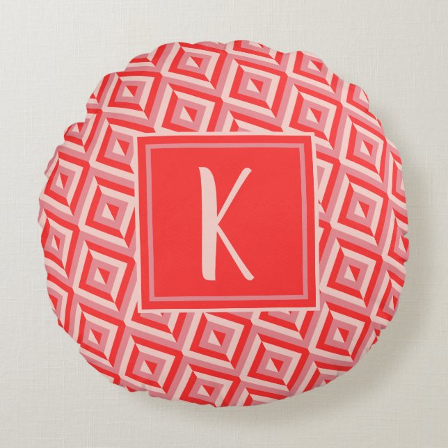 Monogram Red Three-Tone Diamond Pattern Round Pillow (Front)