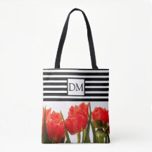 Monogram Red Tulips with Black Stripes Tote Bag