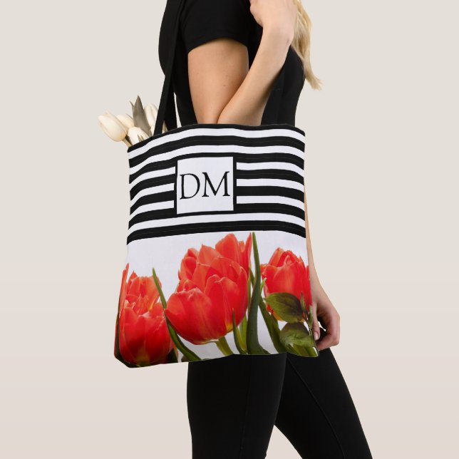 Monogram Red Tulips with Black Stripes Tote Bag (Close Up)