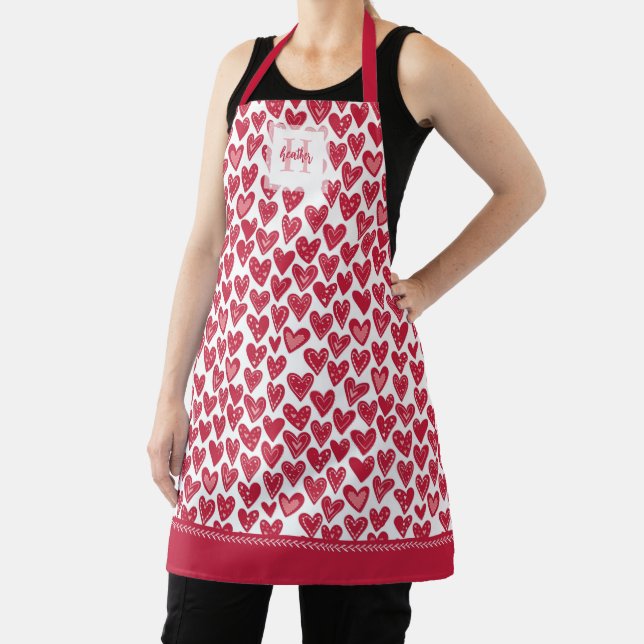 Monogram Red Valentine Heart Pattern Apron (Insitu)