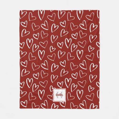 Monogram Red Valentine Heart Pattern Fleece Blanket